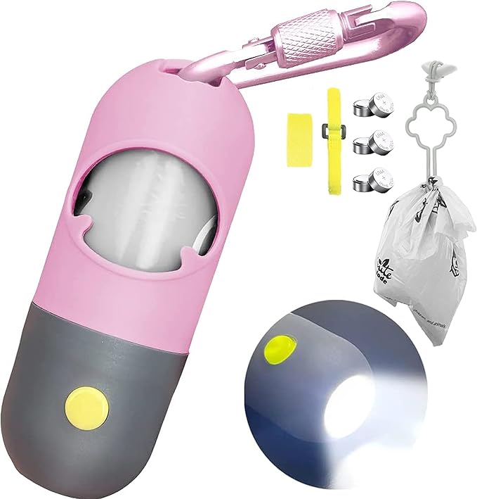 Dog Poop Bag Dispenser with Built-in LED Flashlight and Metal Clip for Leash, Pet Waste Bag Holder, Dog Walking Accessory (Pink)