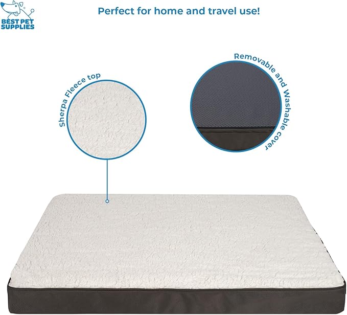 Best Pet Supplies Cute Dog Crate Mat Flat Bed with Waterproof Exterior, Thick Orthopedic Egg Foam Mattress, and Soft Sherpa Fleece Cover for Small, Medium, and Large Breeds - Brown, 41X29X4