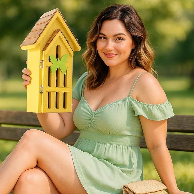 Shingle Roof Butterfly House for Outdoor, Insect House, Vintage Style Cedar Wood Bee House for Garden Outside, Open Door for Easy Cleaning Conservation.Shelter Hotel with Hooks for Hanging (Yellow)