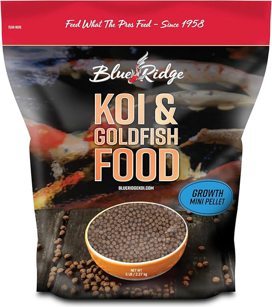 Blue Ridge Koi Fish Food 5lb - Koi Food Mini Growth Formula, Goldfish Food, Premium Fish Food for Ponds, Ponds Fish Food, Floating Pond Pellets