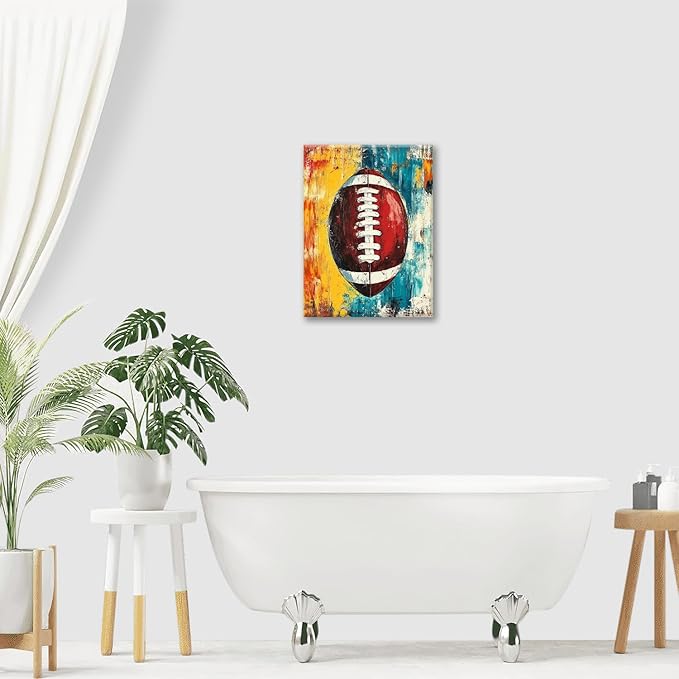 Graffiti Football Bathroom Pictures Wall Art, Rugby Sport Bathroom Wall Decor, Colorful Football Framed Painting Canvas Artwork for Bedroom Living Room Decorations 16"L x 12"W