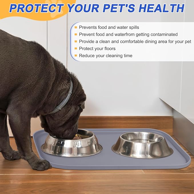 Silicone Pet Feeding Mat with Raised Edge for Food and Water, Dog Bowl Mats, Cat Bowls Placemat with High Lip for Floor Waterproof, Rubber Tray for Cats and Dogs 24 x 16 x0.8 Light Gray
