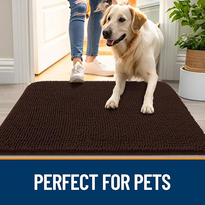OLANLY Dog Door Mat for Muddy Paws 47x32, Absorbs Moisture and Dirt, Absorbent Non-Slip Washable Doormat, Quick Dry Chenille Mud Mat for Dogs, Entry Indoor Entryway Carpet for Inside Floor, Brown