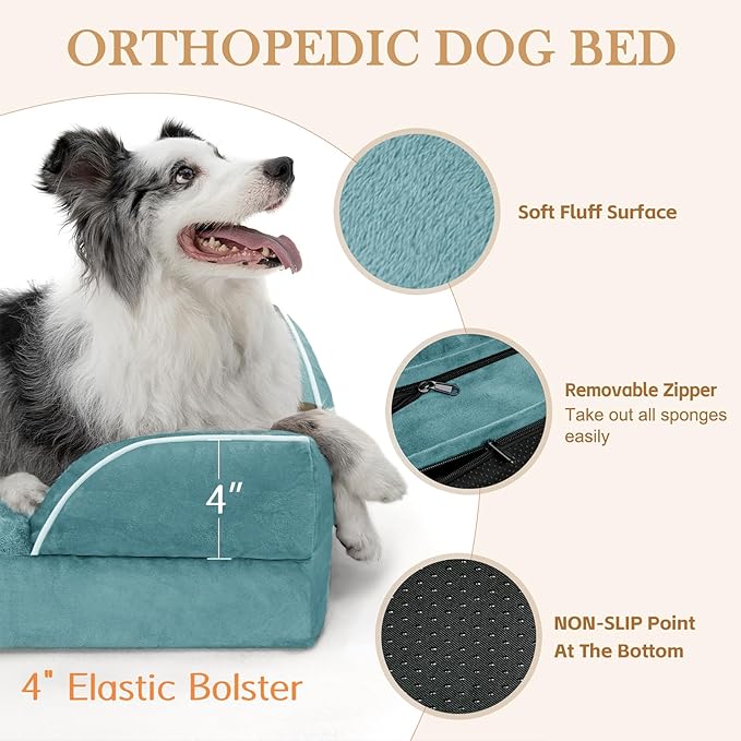 Comfort Expression Large Dog Beds Waterproof Orthopedic Foam Dog Sofa Beds Comfy Pet Bed with Washable Removable Cover & Non-Slip Bottom(Large,Washed Blue)