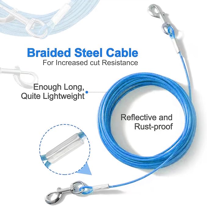 10FT Heavy Duty Dog Tie Out Cable for Large Dogs up to 125lbs, Durable Runner Tether Line (Blue)