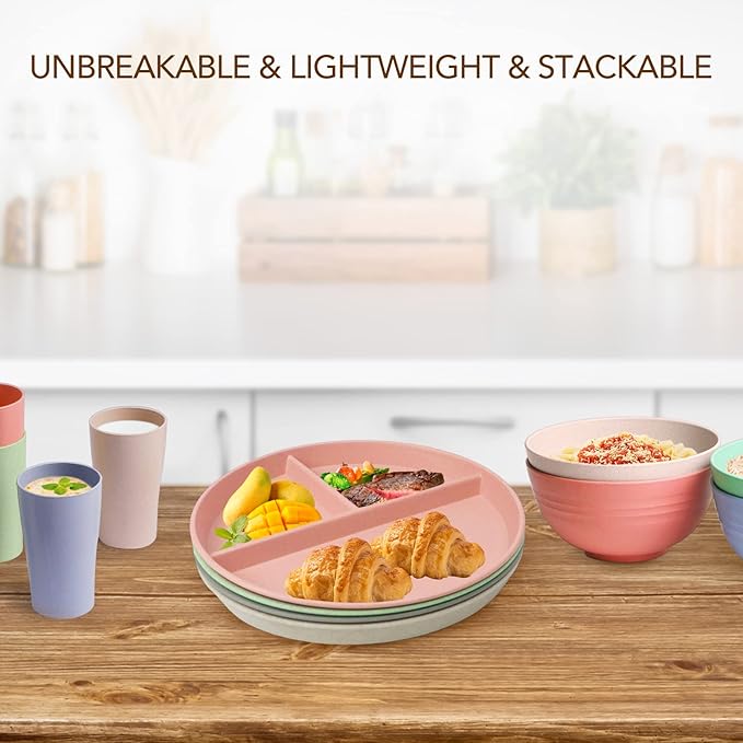 greenandlife 10 Inch 4PCS Unbreakable Portion Control Plates, Divided Plates for Kids Adults, Dishwasher & Microwave Safe Compartment Plate, Lightweight Reusable Wheat Straw Plate, BPA Free