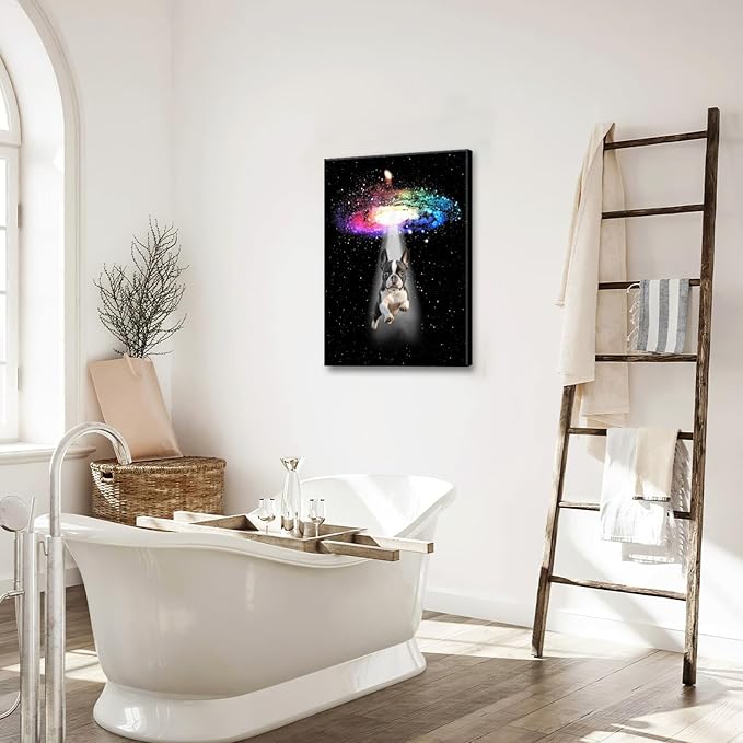 Funny Dog Wall Art Canvas Boston Terrier Wall Decor Prints Framed Painting Bulldog Galaxy Pictures Gifts Artwork for Bathroom 16"x24"