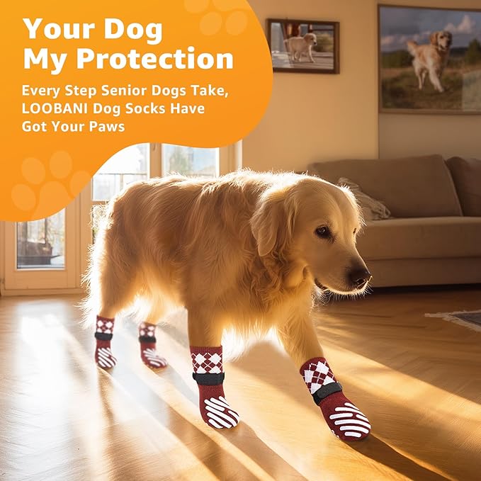 LOOBANI Dog Socks to Prevent Licking Paws - Dog Socks for Hardwood Floors Anti Slip for Traction Control - Dog Grippy Socks for Senior Dog Small Medium Large Dogs on Tile Floors, Red M