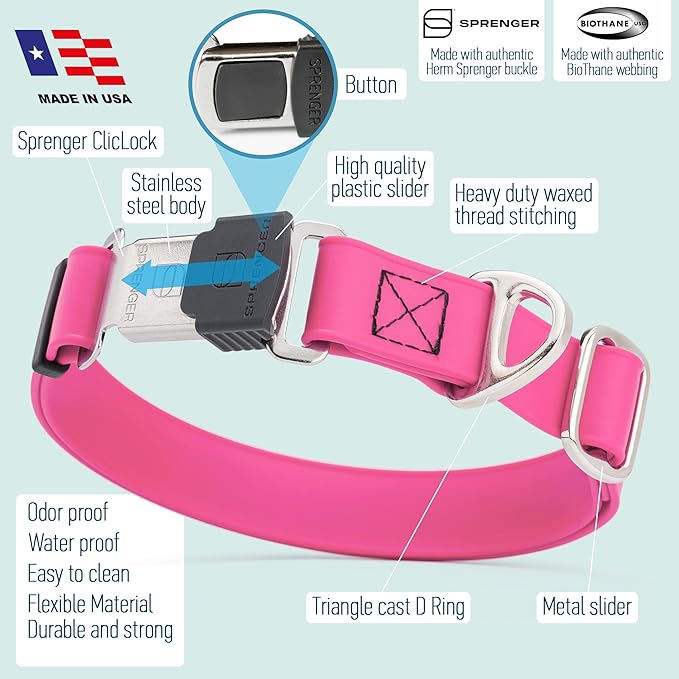 Dogline Biothane Waterproof Dog Collar with Herm Sprenger Stainless Steel Quick Release Buckle – Heavy Duty Tactical Durable Collar for Dogs – Comfortable and Safe Pet Collar, W 1" L 15-25", Pink