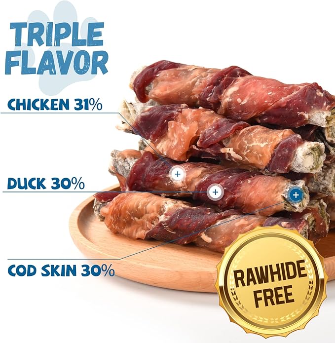 Dog Treats Chicken Duck Wrapped Cod Skin Sticks, Rawhide-Free, Grain-Free Dog Chewy Treats for Healthy Teeth and Coat,Training Treats for Small Medium Large Dogs, 9-10 Counts