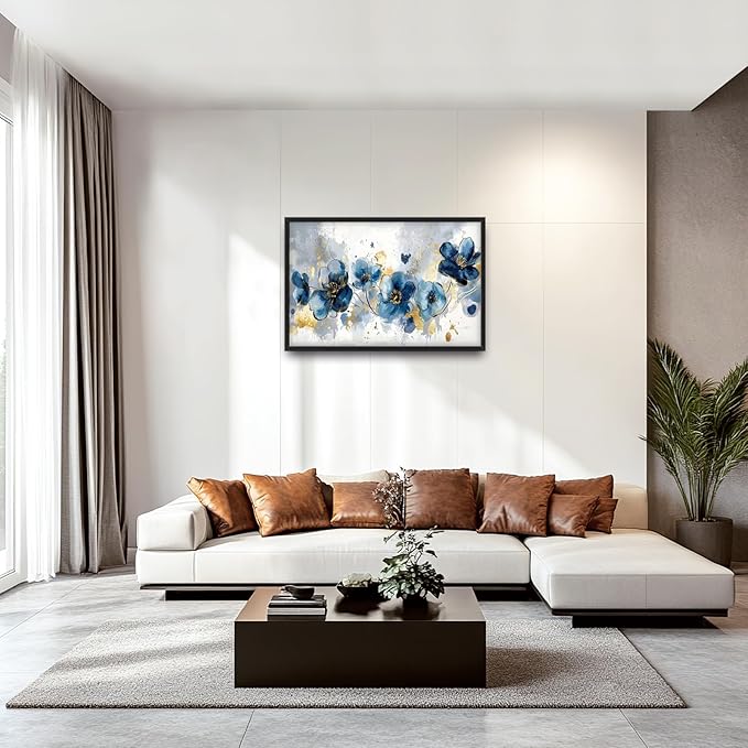 Extra Large Framed Abstract Blue Flower Wall Art,Oversized Golden Grey Floral Wall Decor Pictures for Living Room,Canvas Print Painting Modern Artwork Bedroom Office Bathroom Home Decor 36L" x 24W"