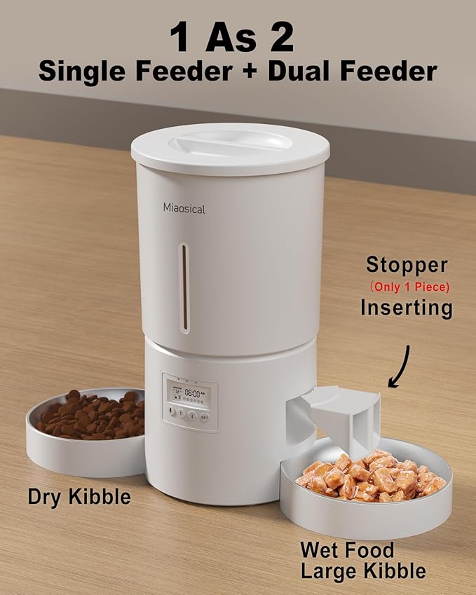 Dual Automatic Cat Feeder 2 Cats,6 Meals/Day,12 Portions/Meal,4.2L Dual Power Double Bowls Feeder,Dry Food Auto Pet Dispenser,10S Voice Record,Flexible Schedule Timer(White,Stainless Dual Bowls)
