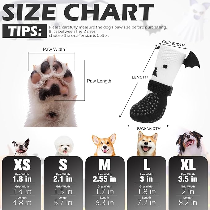 EXPAWLORER Halloween Anti Slip Dog Socks to Prevent Licking Paws, Boots & Paw Protectors with Grippers,Doggie Booties for Hardwood Floors for Small Medium Large Senior Dogs Costume White Ghost Wings L