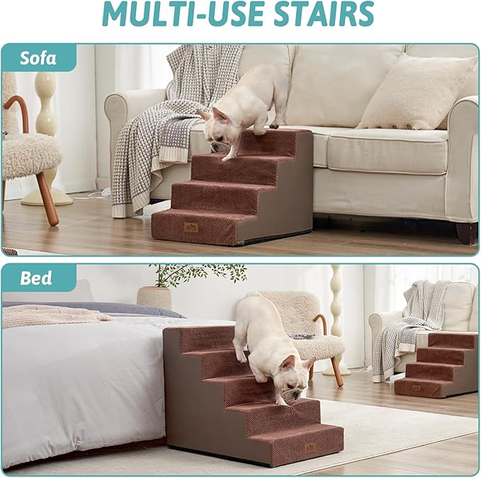 Dog Stairs for Small Dogs, 5 Tier Wider Pet Stairs for High Beds, 23.6" H Non-Slip Dog Steps for Old Cats, Puppies, Small Medium Dogs, 29.5x19.7x23.6 inch, Brown