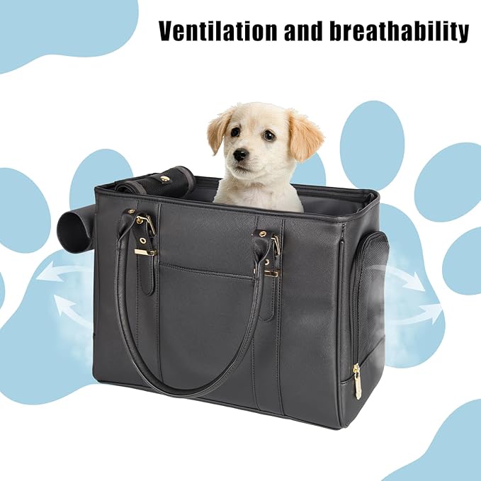 Fashion Pet Carrier Dog Purse Cat Bag Soft-Sided Carriers Travel Airline Approved, Stylish Leather Tote Handbag for Small Animal Puppy Kitten (Black)