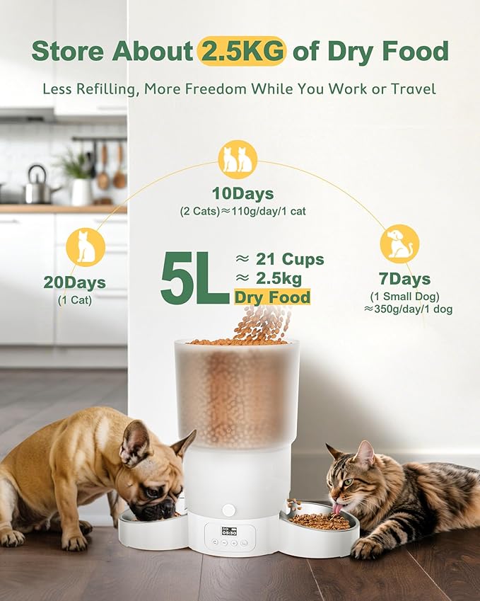 Gimars 5L Automatic Cat Feeder for 2 Cats, Programmable 1-6 Meals Cat Food Dispenser with Stainless Steel Bowl, Easy Setup, Dual Power Supply,10s Meal Call Timed Pet Feeder for Cats and Small Dogs