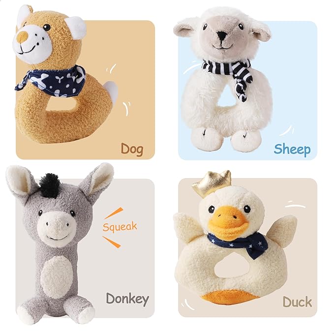 iPlay, iLearn Baby Toys 3 6 12 Month Newborn Gifts, Infant Soft Farm Stuffed Animal Rattles Plush Barn, Boy Girl Stuff, Shower Basket Stuffer, Sensory Hand Development Toy 0 2 4 7 9M 1 Yr - Farm