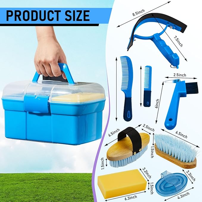 Cunhill 9 Pieces Horse Grooming Kit Tack Room Supplies Set with Organizer Tote Box, Oval Massage Curry, Hard and Soft Brush, Hoof Pick, Sweat Scraper, Bathing Sponge, Combs for Horse Riders Beginners