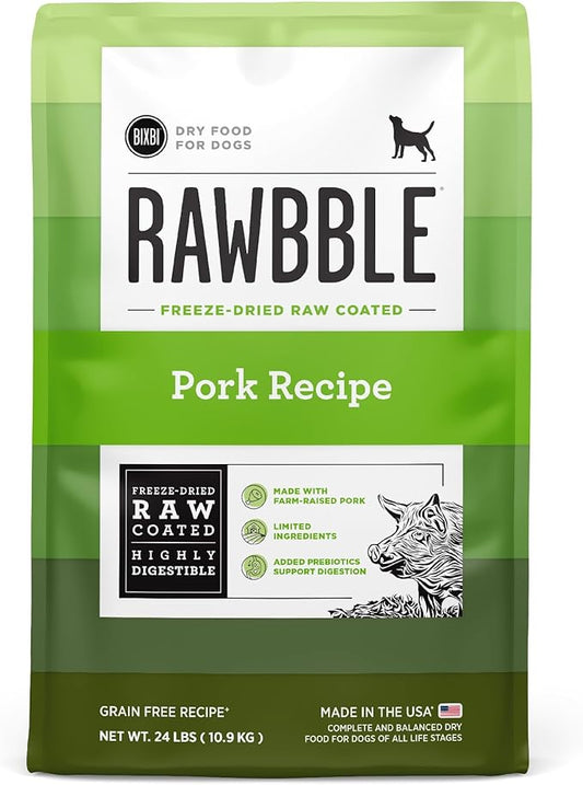 BIXBI Rawbble Dry Dog Food, Pork, 24 lbs - USA Made with Fresh Meat - No Meat Meal & No Corn, Soy or Wheat - Freeze Dried Raw Coated Dog Food - Minimally Processed for Superior Digestibility