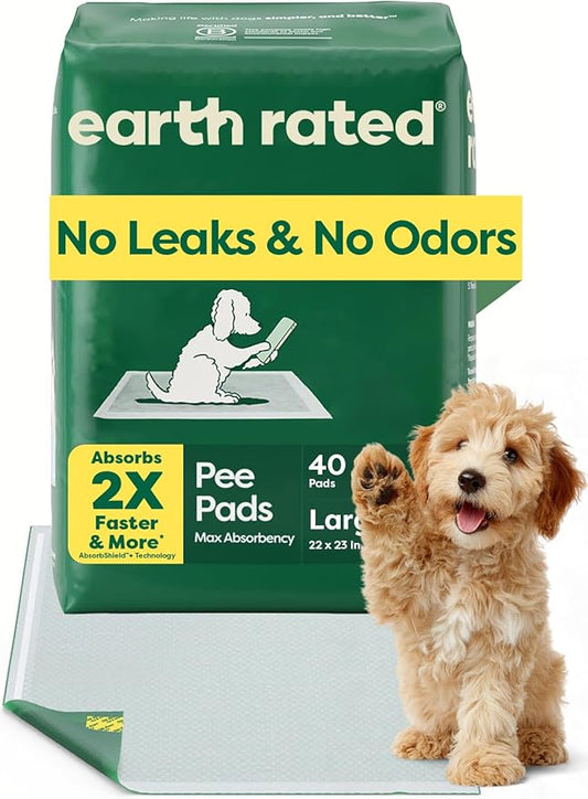 Earth Rated Max Absorbency Puppy Pee Pads for Dogs Absorbs 2X Faster & 2X More, Leak-Proof Odor-Free Potty Training Wee Wee Pad, Unscented, Large, 22” x 23”, 40 Count