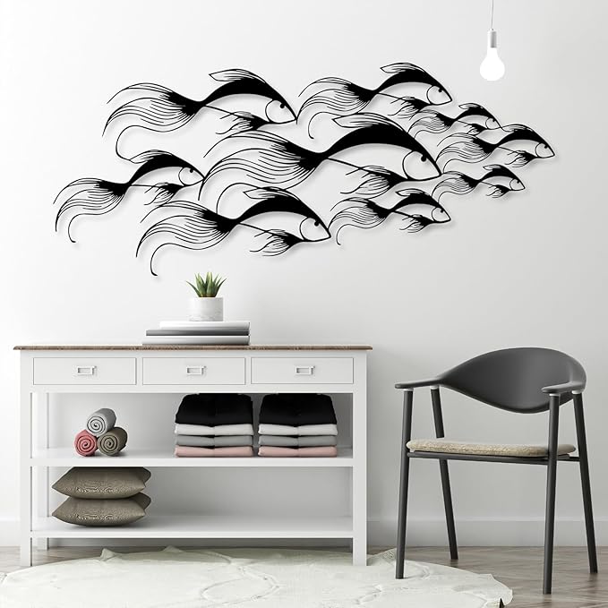 School of Fish Metal Wall Art, Metal Fish Wall Decor, Sea Life Wall Art, Large Nautical Wall Hanging, Modern Beach House Wall Decor, Ocean Themed Artwork for Bathroom (Gold, 48"x20" | 121x51cm)