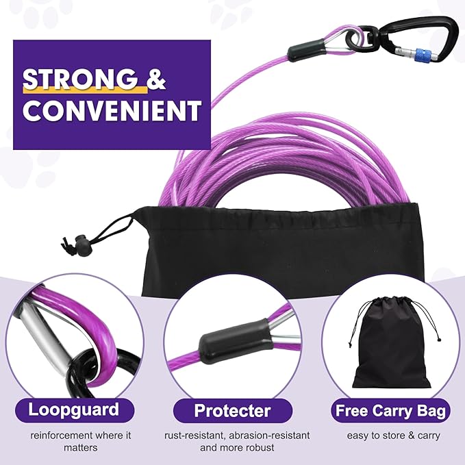 Snagle Paw Heavy Duty Long Dog Leads for Yard 200FT-1000LBS Break Strength,Dog Tie Out Cable with Swivel Lockable Hook & Spring,Chew Proof Dog Chain for Outside,Dog Run Cable for Medium Large Dogs