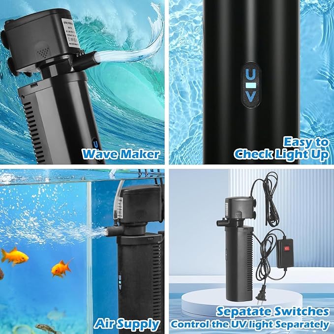 Aquarium U-V Filter Dual Spout 600GPH for Large 100-300 Gallon Fish Tank Silent Canister Internal Filter Cold Plunge Tub Koi Pond Filter, Green Clean Machine Deodorization for Saltwater Freshwater