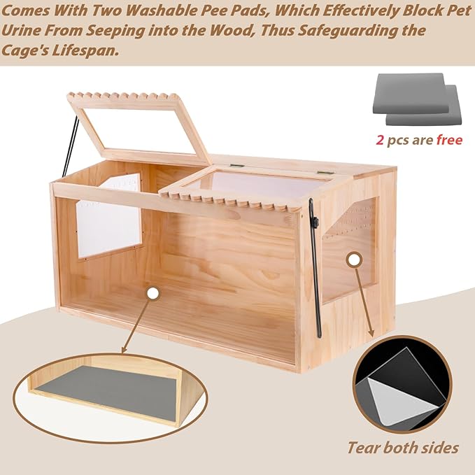 Wooden Hamster Cages and Habitats, 40"x20"x20" Guinea Pig Cage, Small Animal Cage for Dwarf Syrian Hamsters Degus Mice & Other Small Pets. Big Hamster Habitat with 2 Adjustable skylights.