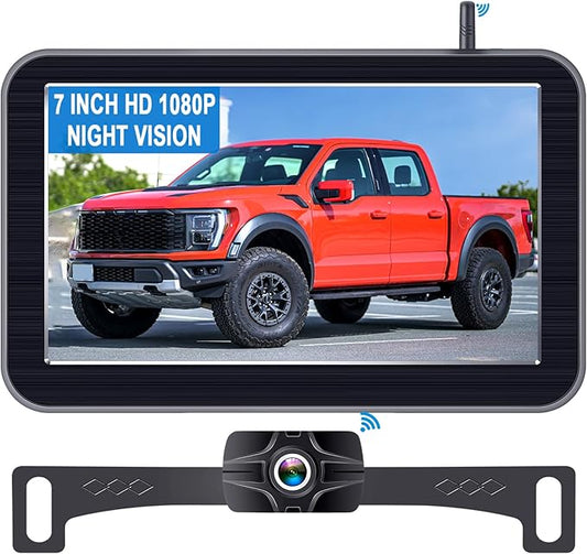 7-Inch Wireless Backup Camera for Truck - 2 Channel, DIY Grid Lines, HD 1080P, Night Vision, IP69K Waterproof, Backup Camera for Truck, Pickup, Trailer, Cars - Parking Safety & Towing Assistance