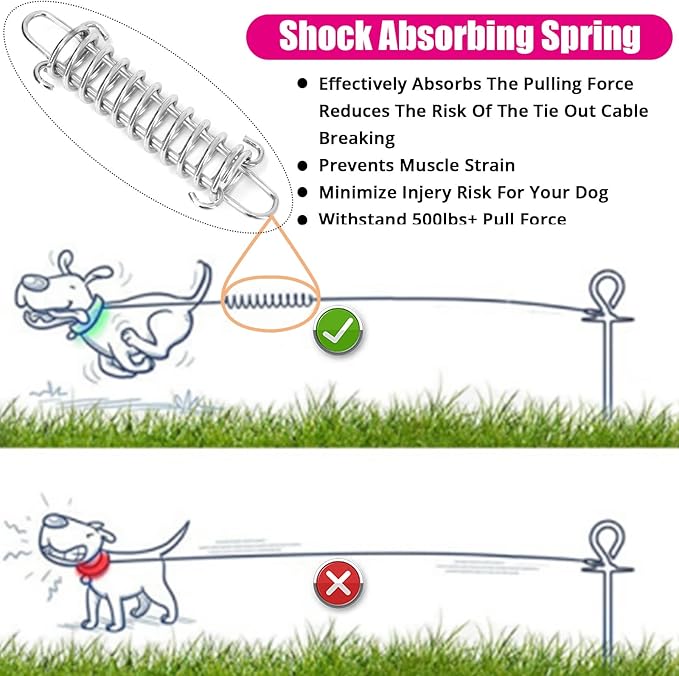 Jenico Dog Tie Out Cable, 10/15/20/30/40/50/70/100/150FT Runner Cable with Swivel Hook and Shock Spring, Yard and Camping Dog Leash Run Tether, Up to 500 LBS