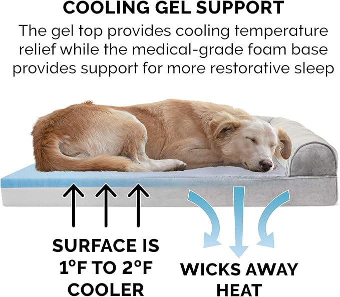 Furhaven Cooling Gel Dog Bed for Large/Medium Dogs w/ Removable Bolsters & Washable Cover, For Dogs Up to 55 lbs - Faux Fur & Velvet Sofa - Smoke Gray, Large