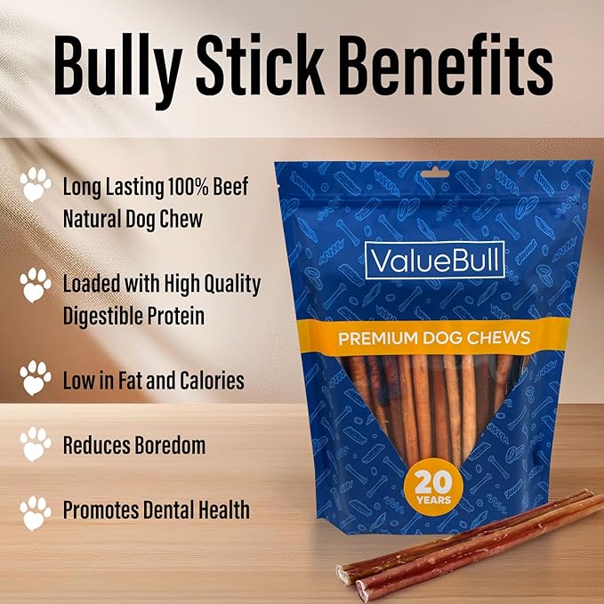 ValueBull Bully Sticks for Dogs, Medium 12 Inch, 100 Count - All Natural, Grass Fed, Single Ingredient, Long Lasting Dog Treats