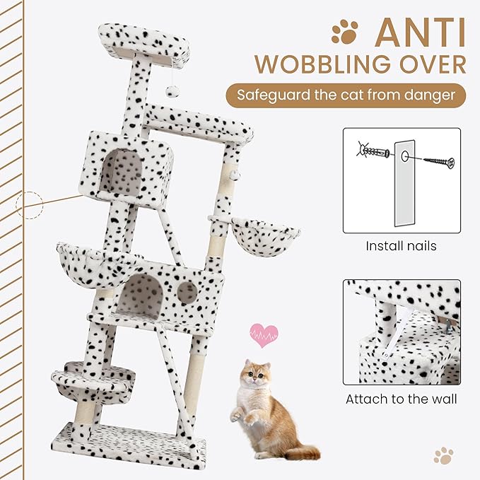 SHA CERLIN 65in Larger Cat Tree Tower Condo for Indoor Kitties/Multi-Level Furniture Activity Center with Wide Base/Cozy Plush Perches/Baskets/Sisal Scratching Posts and Hammock/White & Black Spot