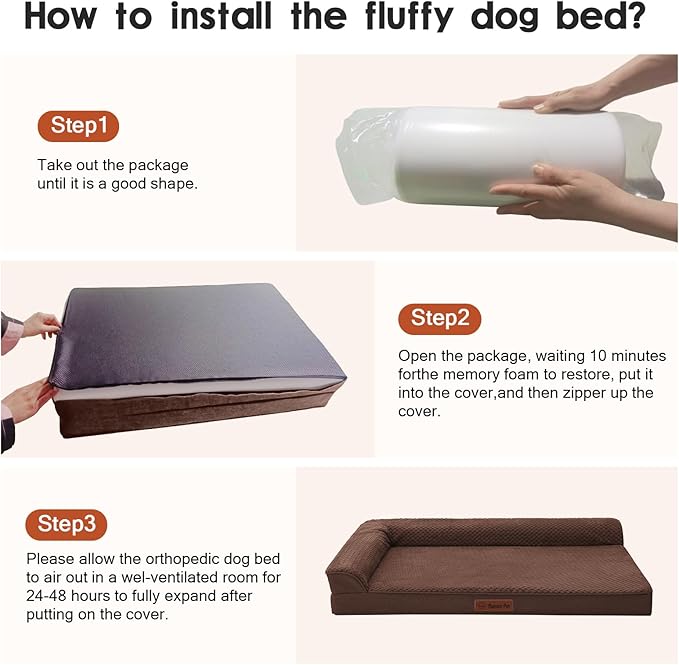 Orthopedic Dog Beds Large Sized Dog, 3 Inch Memory Foam Pet Bed for Medium and Large Dogs, Washable Removable Cover, Nonskid Bottom, Waterproof, 36x27 Inches L Brown Grey