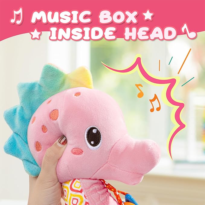 Baby Toys 0 to 12 Months, Musical Stuffed Animal Activity Soft Toys with Multi-Sensory Crinkle, Rattle and Textures,Infant Tummy Time Toys for Newborn Girls, Seahorse, Pink