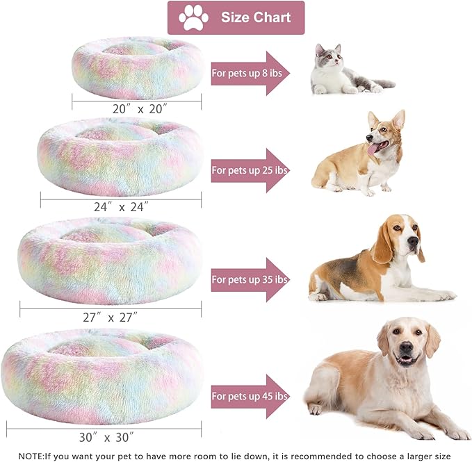 WNPETHOME Calming Dog Bed Cat Bed Donut, Faux Fur Pet Bed Self-Warming Donut Cuddler, Comfortable Round Plush Dog Beds (30 x 30 x 10 Inch, Rainbow)