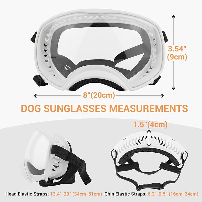 Dog Sunglasses UV Protection Clear Dog Goggles Windproof Glasses with Elastic Straps for Medium-Large Breed, White Frame + Clear Lens