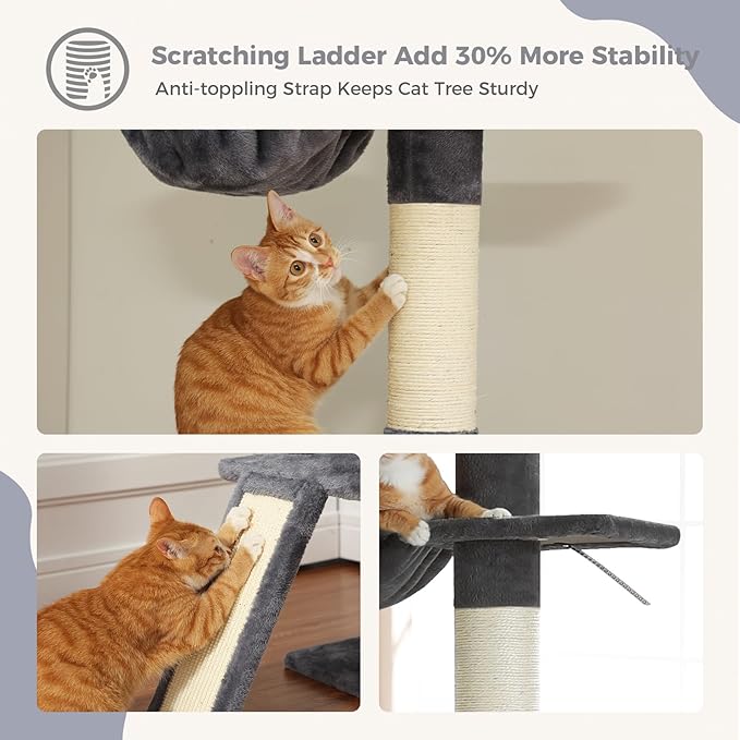 PEQULTI Floor to Ceiling Cat Tree, Tall Cat Tower, Adjustable Height (83''-108'') 5 Levels Climbing Tree for Indoor Cats with Cat Condo, Cozy Hammock and Scratching Post, Smoky Grey