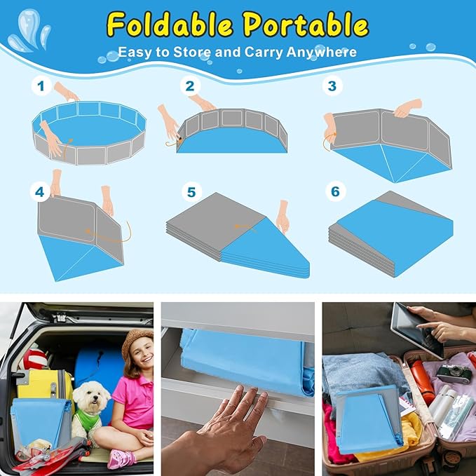 Foldable Dog Pool, 63" Kiddie Pool Hard Plastic, Portable Dog Swimming Pool for Large Dogs, Collapsible Pet Wading Pool & Bath Tub Outdoor Kids Pool Anti-Slip
