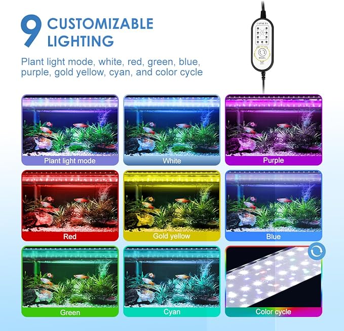 Aquarium Light,14W 24/7 Natural Mode,9 Light Modes(Water Grass Mode & 7 Colors & Cycle),Adjustable Timer and 7 Color Brightness - with Expandable Mounting Bracket for 12~18IN Fish Tank