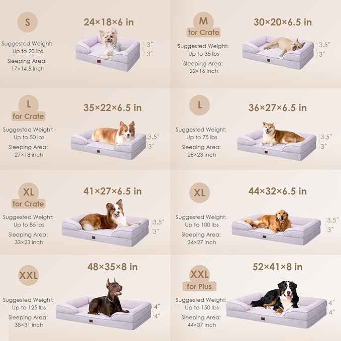 EHEYCIGA Orthopedic Dog Beds for Extra Large Dogs, Waterproof Memory Foam XXL Pet Bed with Sides, Non-Slip Bottom and Egg-Crate Foam Big Dog Couch Bed with Washable Removable Cover, Lilac