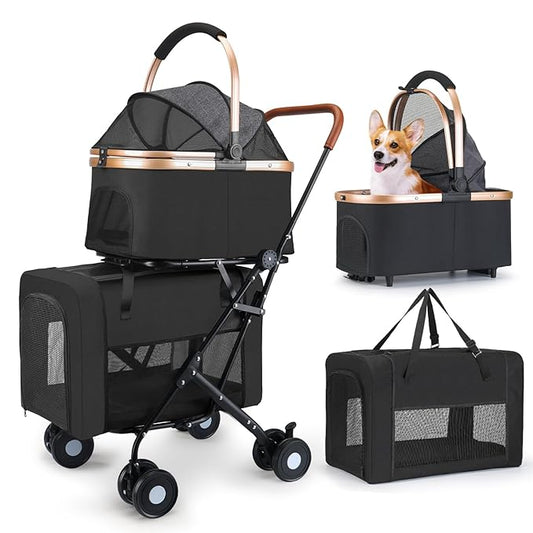 Double Pet Stroller for Small Medium Dogs - 4 In1 Dog Stroller for 2 Pets, Detachable and Foldable with 360°Rotating Wheels, Easy Assembly and Compact Size