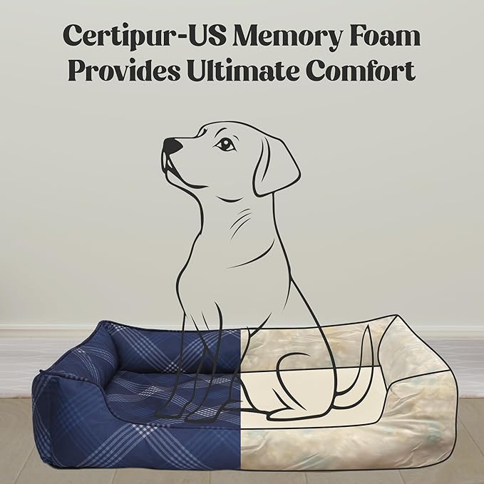 Orthopedic Bolster Dog Bed – CertiPUR-US Foam, Recycled Polyester Canvas, Washable Cover, Anti-Slip Bottom, Medium, Grey Plaid – Stylish Designer Dog Sofa