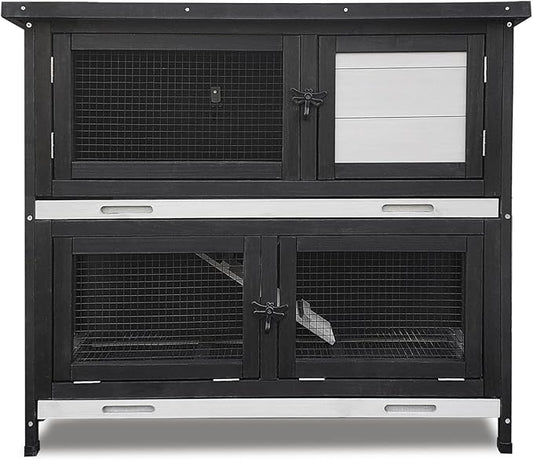 Double Level Solid Wood Rabbit Hutch Small Animal Cage for Rabbits, Guinea Pigs, Hedgehogs & Lizards Indoor/Outdoor– 2-Tier Eco-Friendly Habitat with Bedding Area, Durable & Easy to Clean