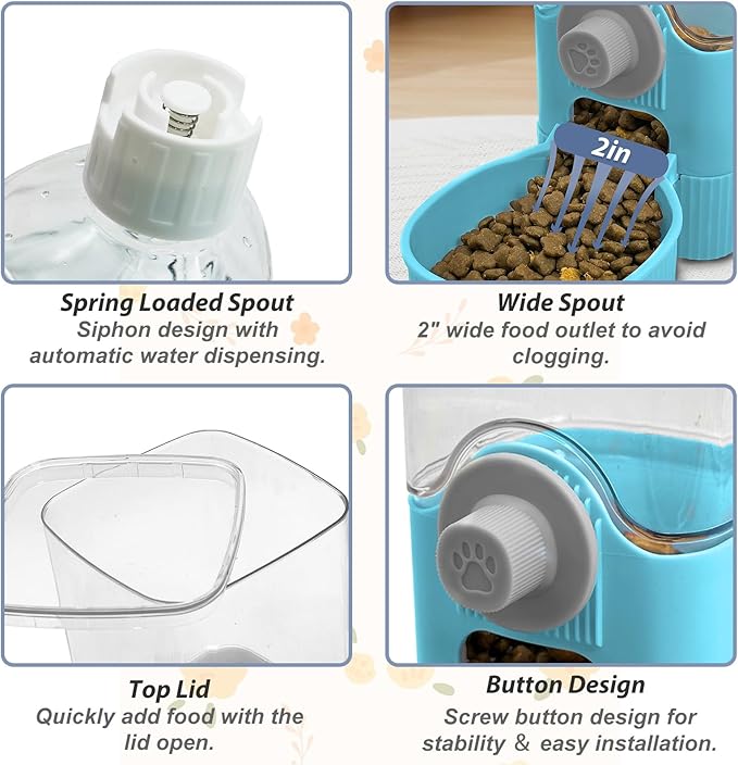 Fhiny Rabbit Food & Water Dispenser, Large Capacity Gravity Guinea Pig Feeder and Waterer Set for Cage Hanging Automatic Bunny Feeder for Bunny Guinea Pig Chinchilla Ferret Cat Puppy