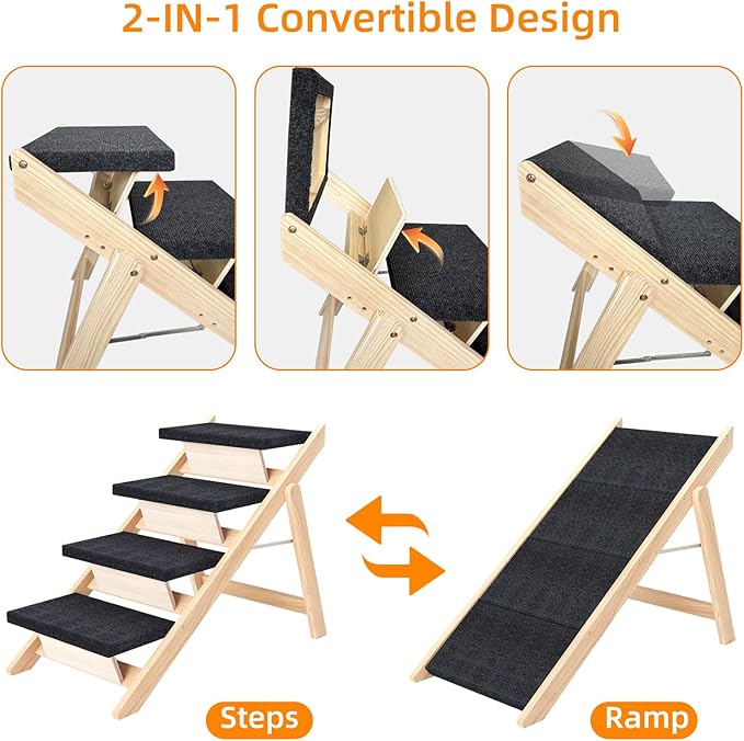 Dog Stairs/Ramp for Bed, Wooden Convertible Pet Steps, Portable Dog Ladder Up to 180 Pound for Elderly/Short-Legged Dogs, 4 Steps for Beds, Couch, Cars