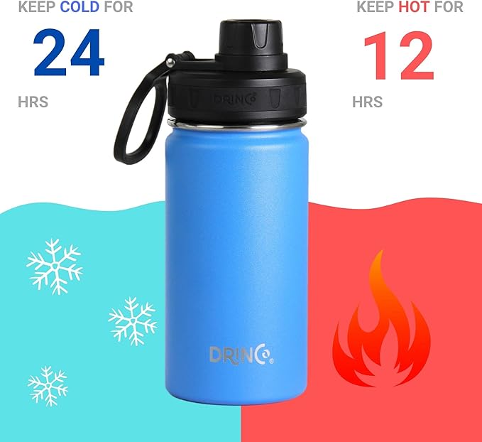 DRINCO Stainless Steel Water Bottle Spout Lid Vacuum Insulated Double Wall Water Bottle Wide Mouth (40oz 32oz 22oz 18oz 14oz) Leak Proof Keeps Cold or Hot (14 oz, 14oz Royal Blue)