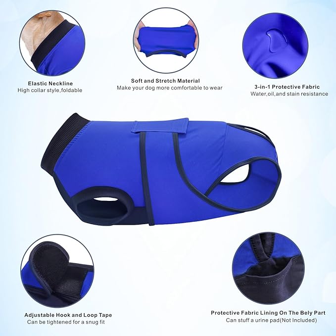 Idepet Dog Recovery Suit Female,Dogs Onesie Suit Surgery Male Breathable Pet Bodysuit for Spay Neuter E-Collar & Cone Alternative Surgical Suit Puppy Abdominal Anti Licking Wounds Shirt (Blue, XXL)