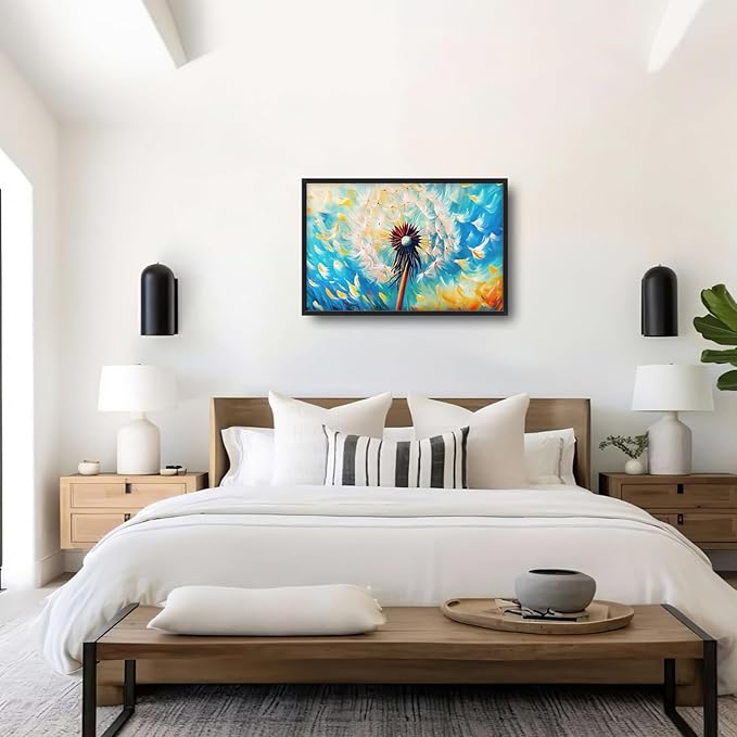 Extra Large Abstract Dandelion Framed Wall Art for Living Room,Oversized Colorful Dandelion Flower Pictures Wall Decor,Blue Canvas Print Painting Modern Artwork Bedroom Office Bathroom 36L" x 24W"