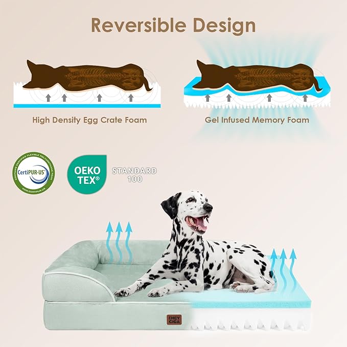 EHEYCIGA Orthopedic XL Dog Beds, Waterproof Memory Foam Dog Bed for Extra Large Dogs, Non-Slip Bottom and Egg-Crate Foam Big Pet Couch Bed with Washable Removable Cover, Sage Green